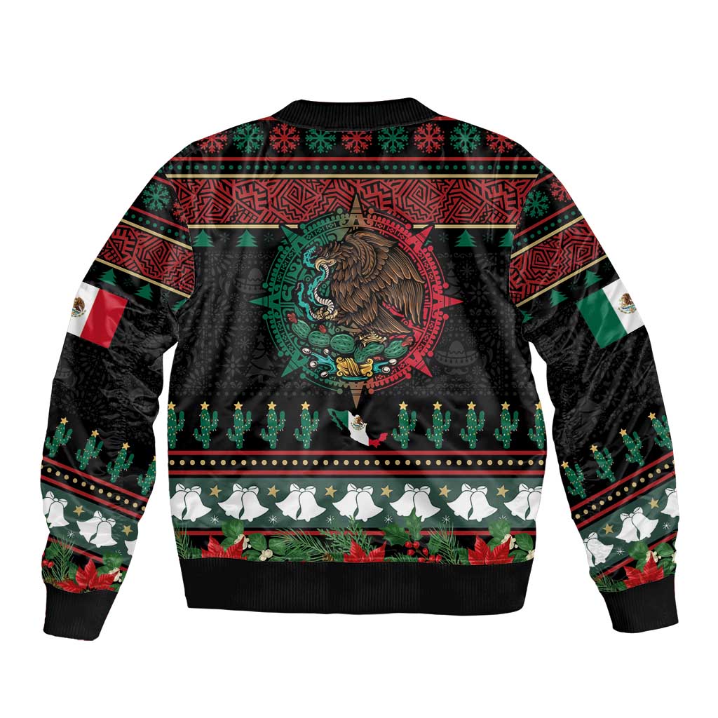 Mexican Christmas Sleeve Zip Bomber Jacket Feliz Navidad Aztec Eagle Emblem and Poinsettia - Wonder Print Shop