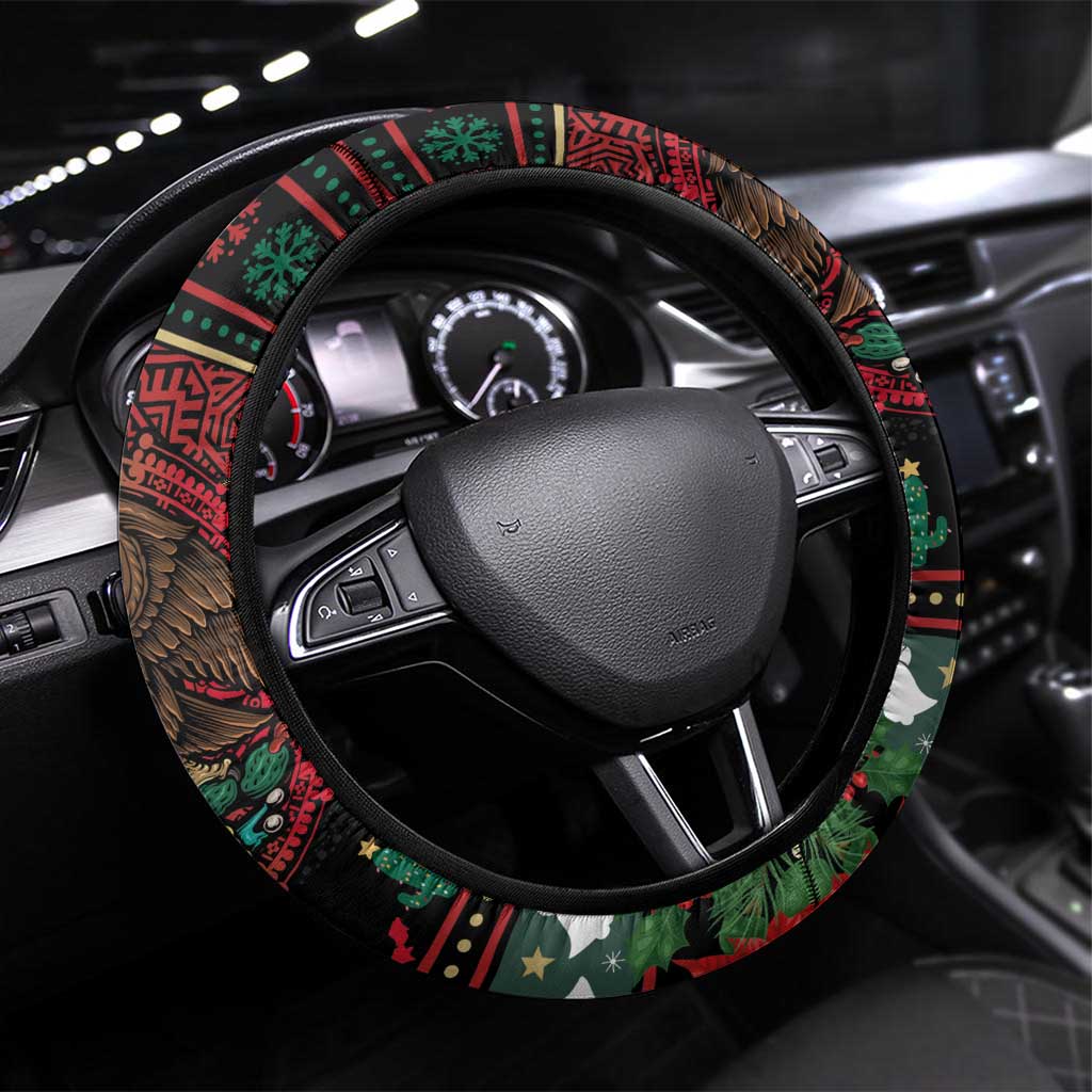 Mexican Christmas Steering Wheel Cover Feliz Navidad Aztec Eagle Emblem and Poinsettia - Wonder Print Shop