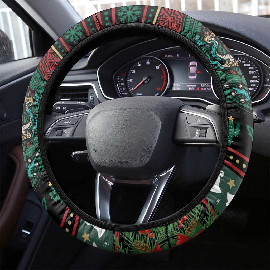Mexican Christmas Steering Wheel Cover Feliz Navidad Aztec Eagle Emblem and Poinsettia - Wonder Print Shop