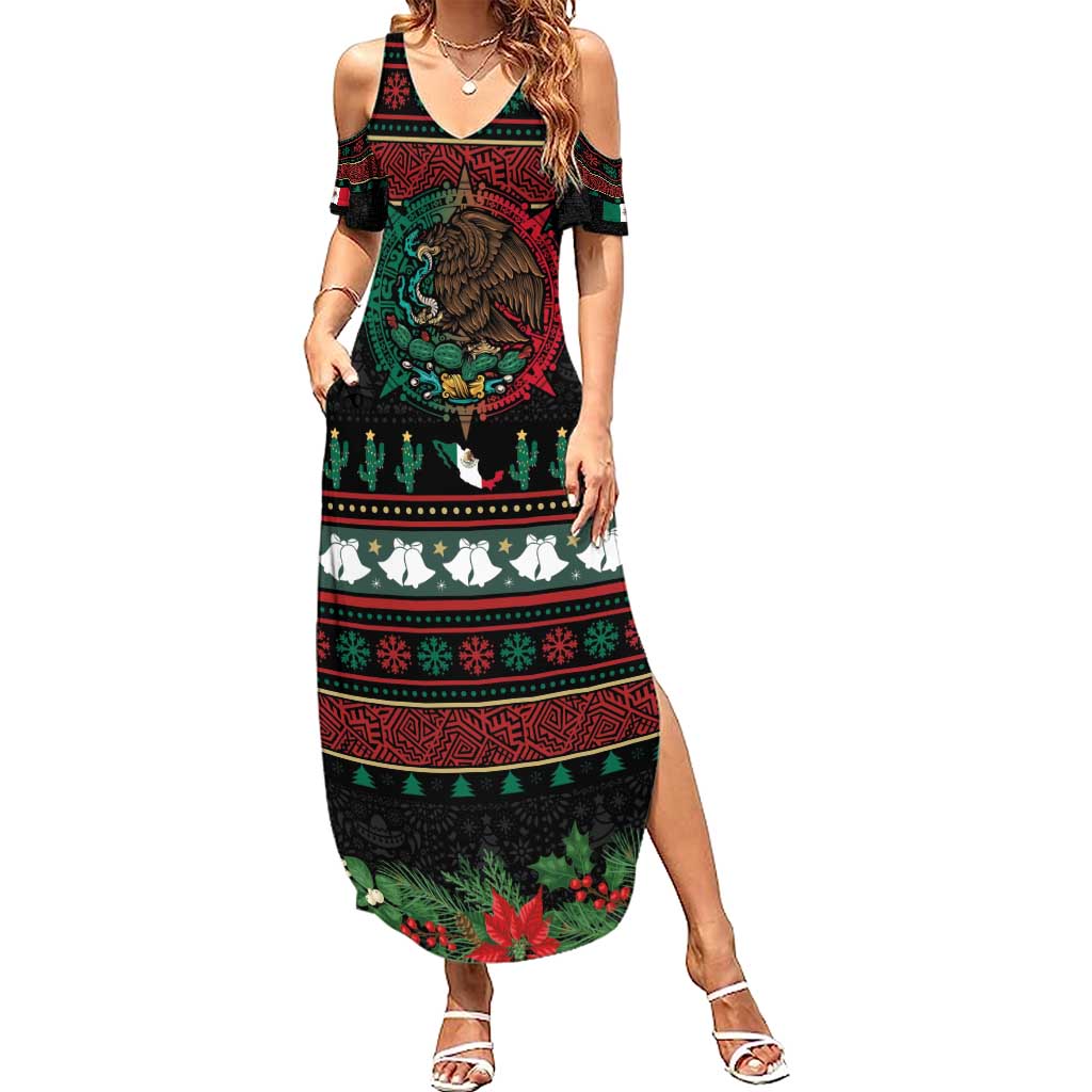 Mexican Christmas Summer Maxi Dress Feliz Navidad Aztec Eagle Emblem and Poinsettia - Wonder Print Shop
