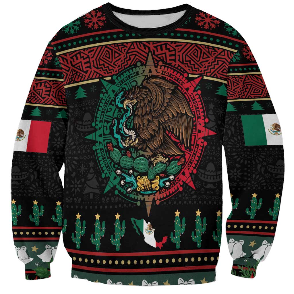 Mexican Christmas Sweatshirt Feliz Navidad Aztec Eagle Emblem and Poinsettia - Wonder Print Shop