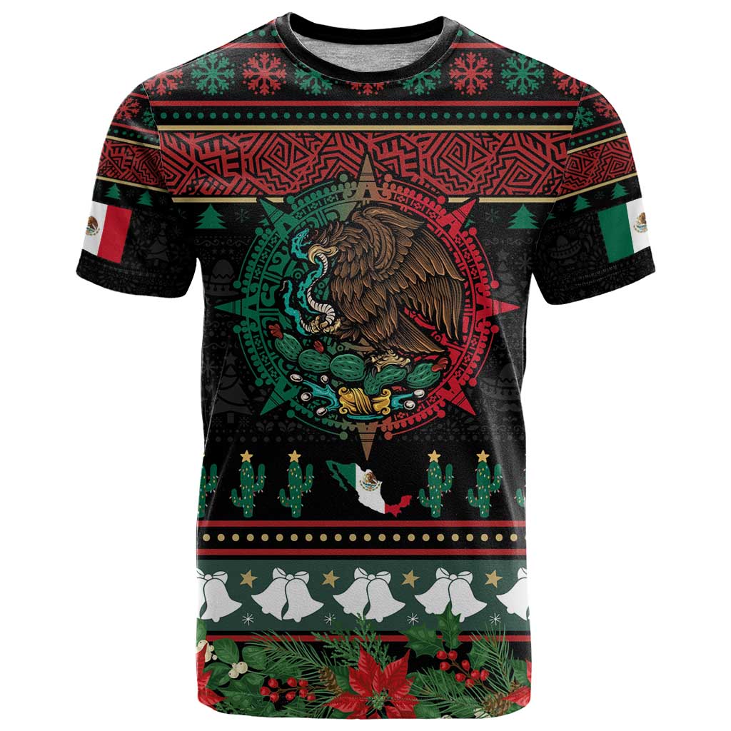 Mexican Christmas T Shirt Feliz Navidad Aztec Eagle Emblem and Poinsettia - Wonder Print Shop