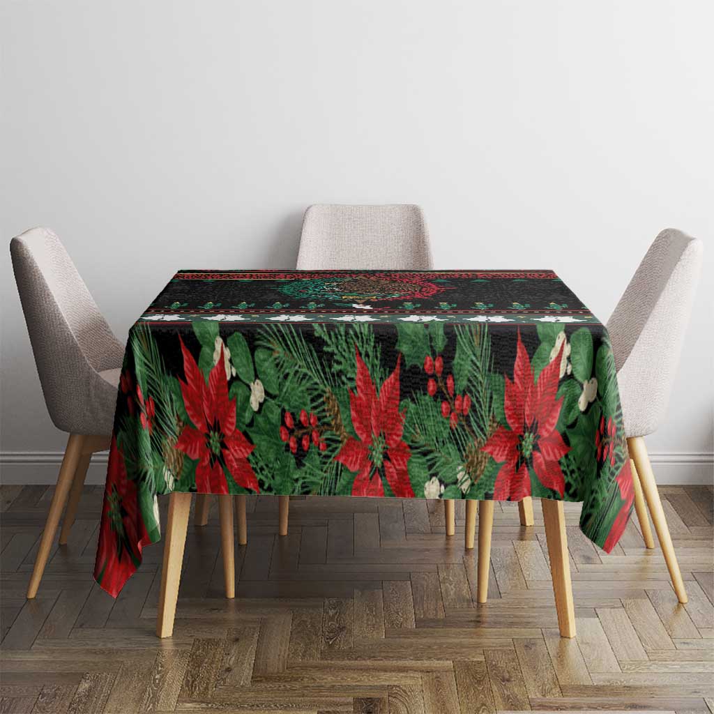 Mexican Christmas Tablecloth Feliz Navidad Aztec Eagle Emblem and Poinsettia - Wonder Print Shop