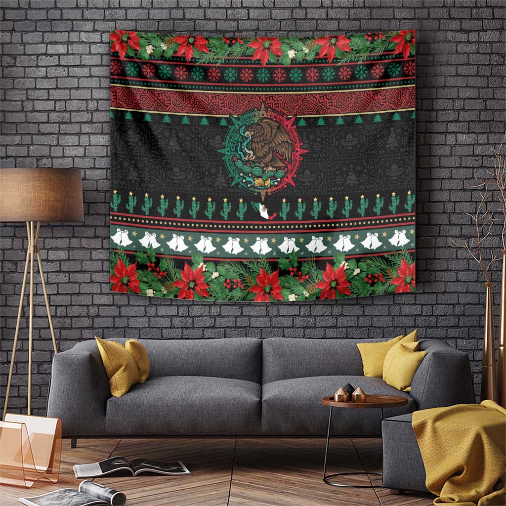 Mexican Christmas Tapestry Feliz Navidad Aztec Eagle Emblem and Poinsettia - Wonder Print Shop