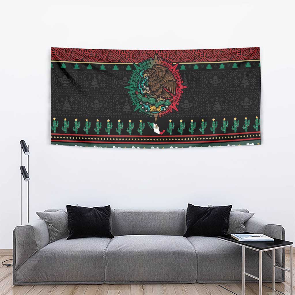 Mexican Christmas Tapestry Feliz Navidad Aztec Eagle Emblem and Poinsettia - Wonder Print Shop