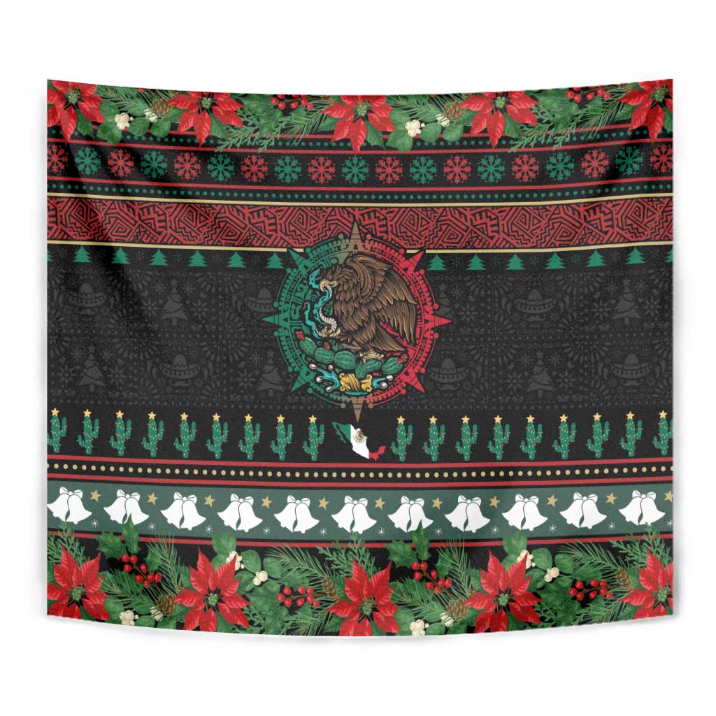 Mexican Christmas Tapestry Feliz Navidad Aztec Eagle Emblem and Poinsettia - Wonder Print Shop