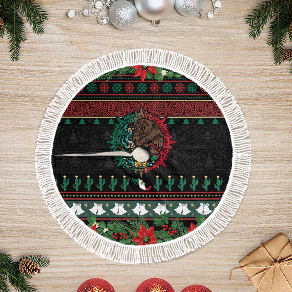 Mexican Christmas Tree Skirt Feliz Navidad Aztec Eagle Emblem and Poinsettia - Wonder Print Shop