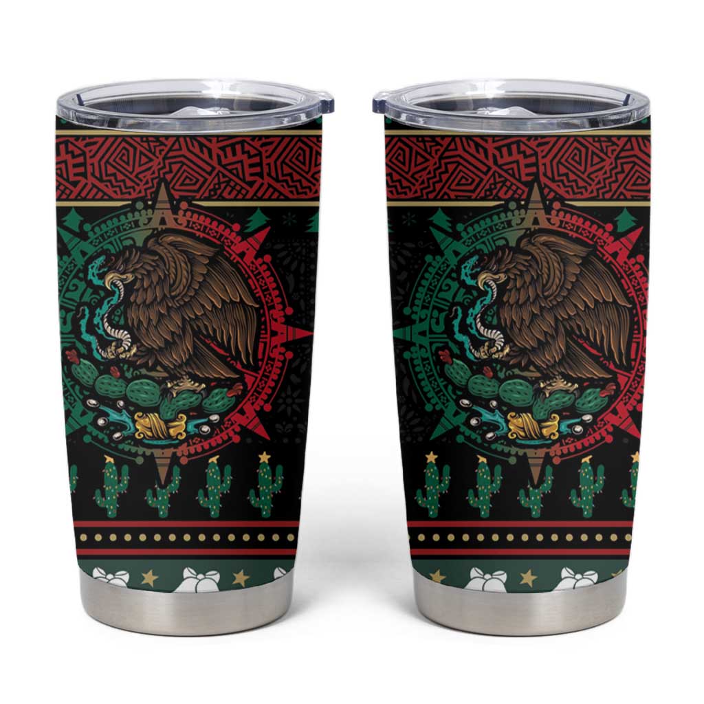 Mexican Christmas Tumbler Cup Feliz Navidad Aztec Eagle Emblem and Poinsettia - Wonder Print Shop