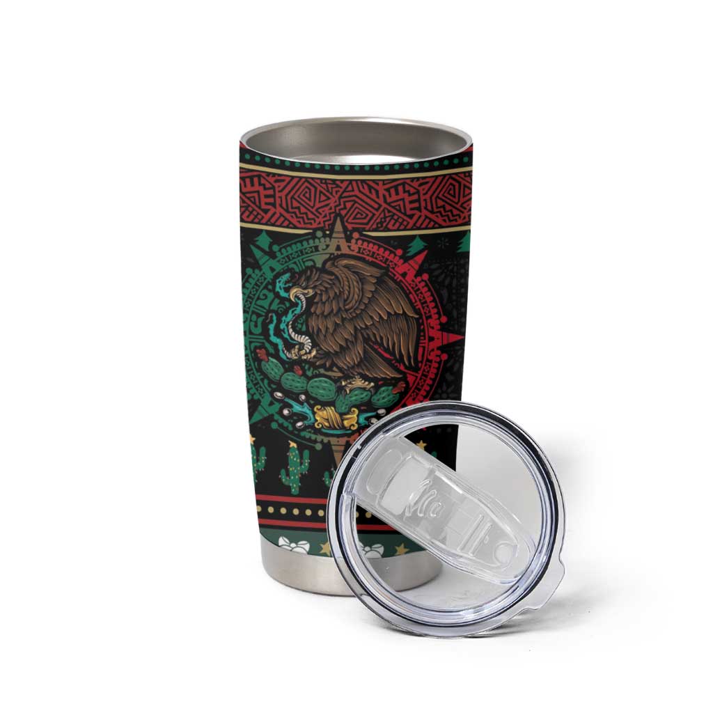 Mexican Christmas Tumbler Cup Feliz Navidad Aztec Eagle Emblem and Poinsettia - Wonder Print Shop