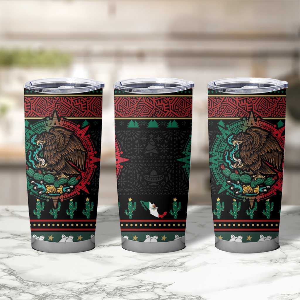 Mexican Christmas Tumbler Cup Feliz Navidad Aztec Eagle Emblem and Poinsettia - Wonder Print Shop