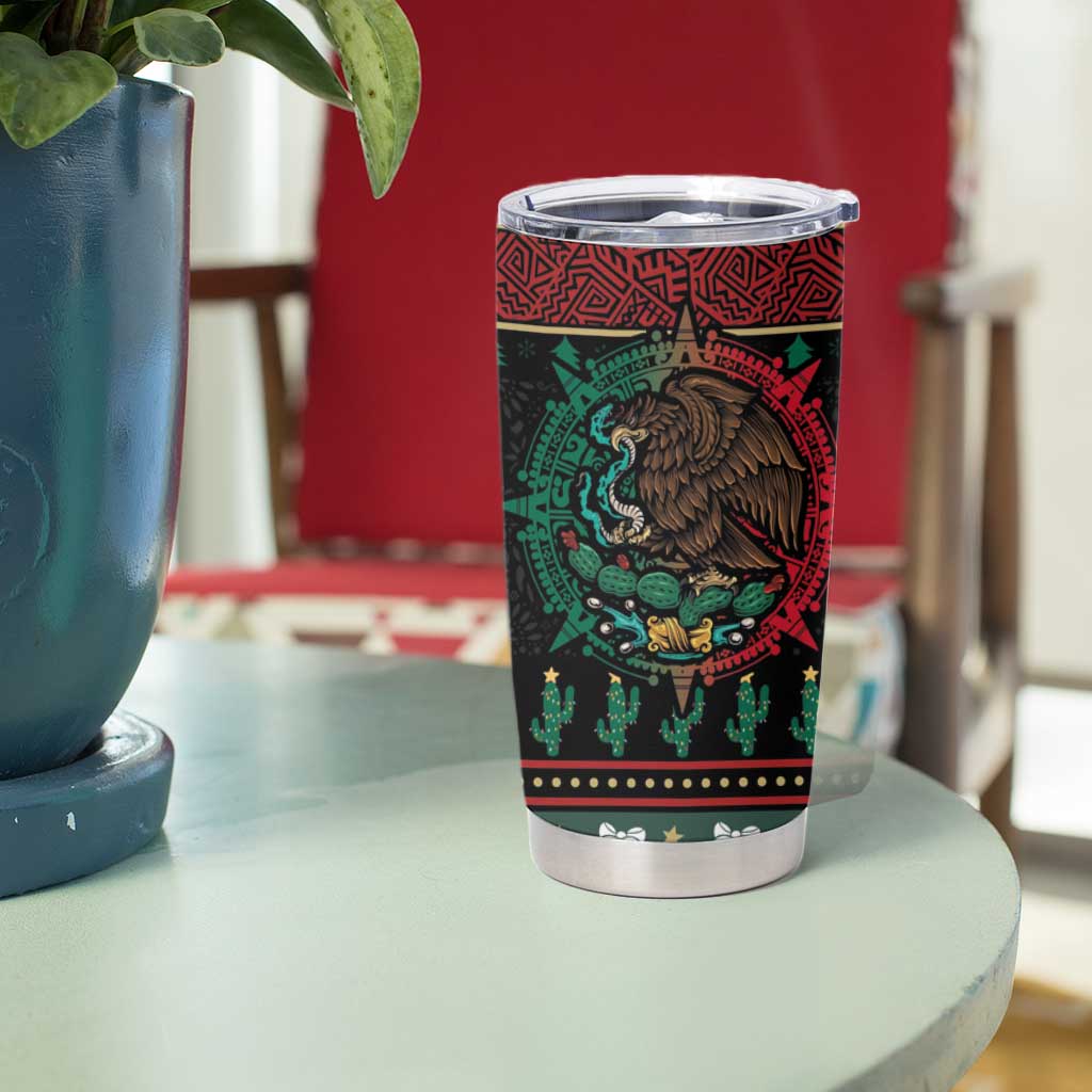 Mexican Christmas Tumbler Cup Feliz Navidad Aztec Eagle Emblem and Poinsettia - Wonder Print Shop