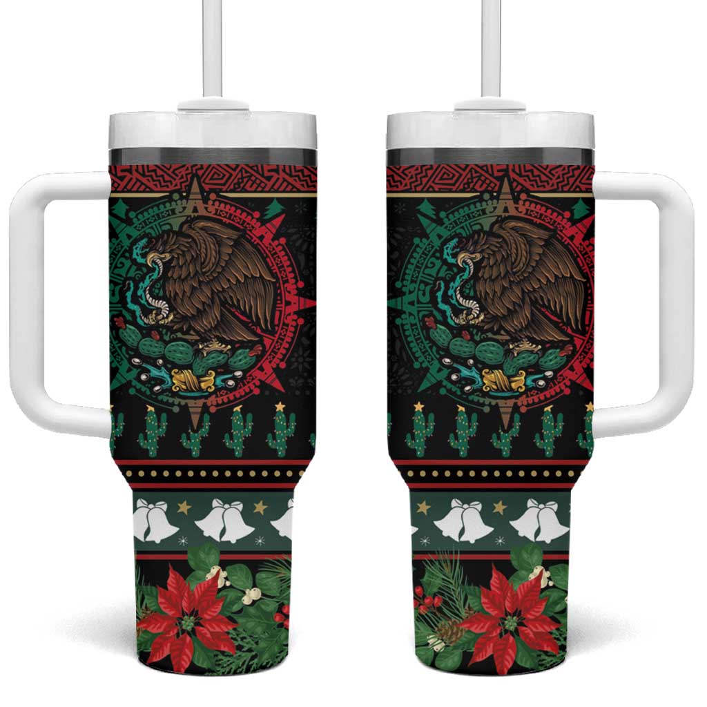 Mexican Christmas Tumbler With Handle Feliz Navidad Aztec Eagle Emblem and Poinsettia - Wonder Print Shop