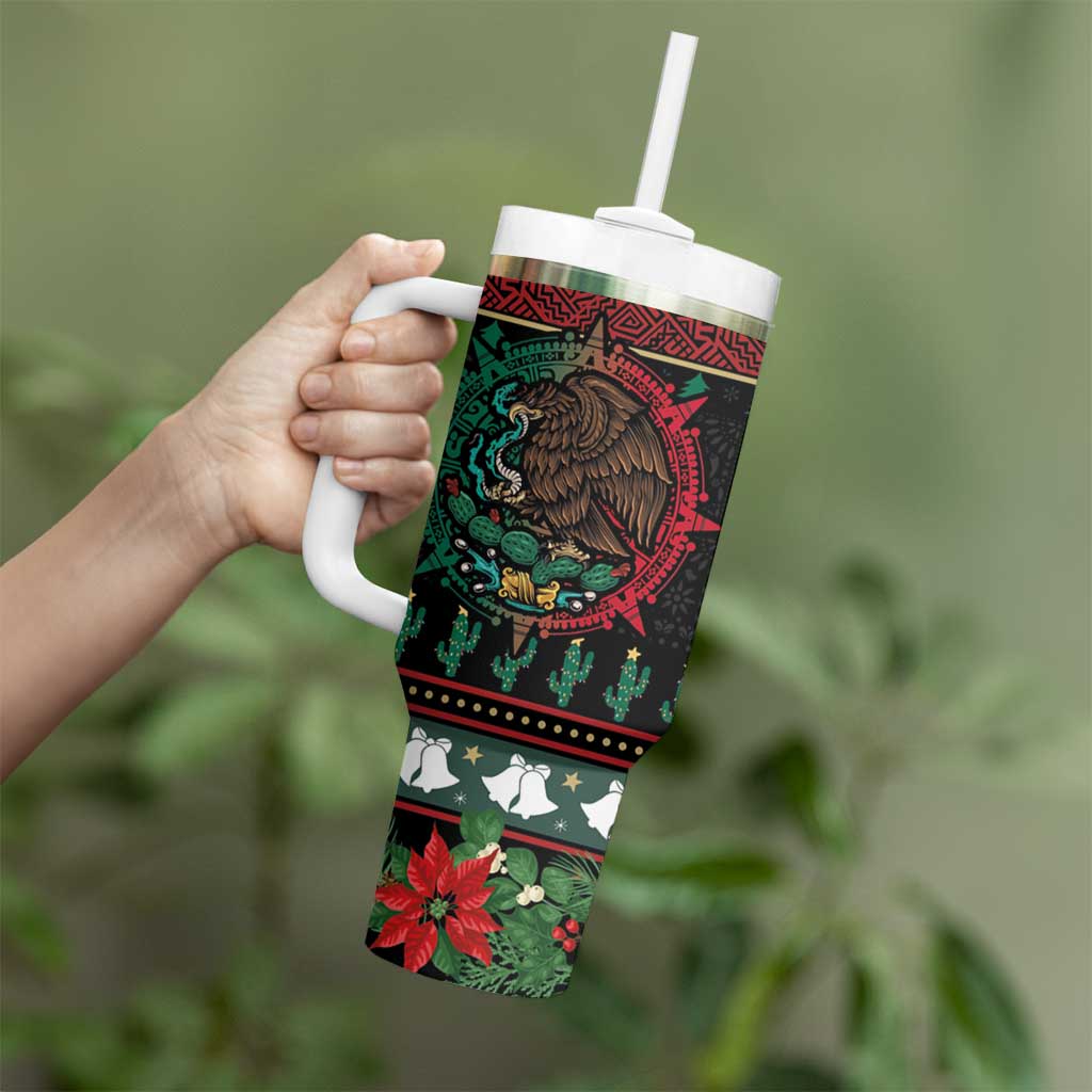 Mexican Christmas Tumbler With Handle Feliz Navidad Aztec Eagle Emblem and Poinsettia - Wonder Print Shop