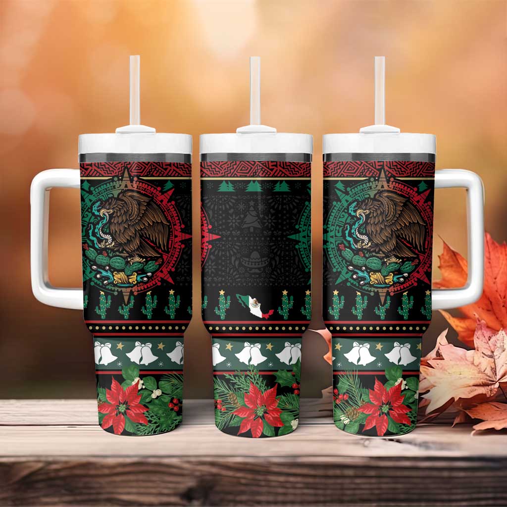 Mexican Christmas Tumbler With Handle Feliz Navidad Aztec Eagle Emblem and Poinsettia - Wonder Print Shop