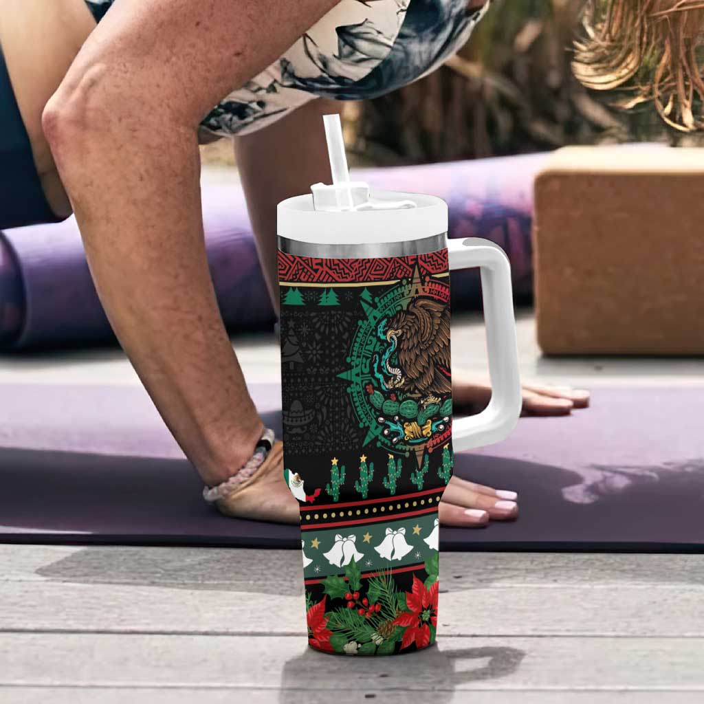 Mexican Christmas Tumbler With Handle Feliz Navidad Aztec Eagle Emblem and Poinsettia - Wonder Print Shop