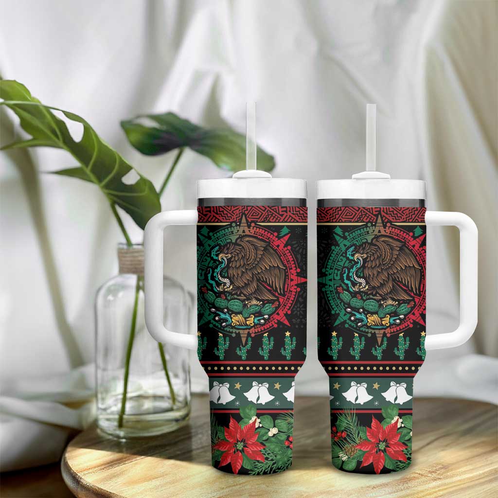 Mexican Christmas Tumbler With Handle Feliz Navidad Aztec Eagle Emblem and Poinsettia - Wonder Print Shop