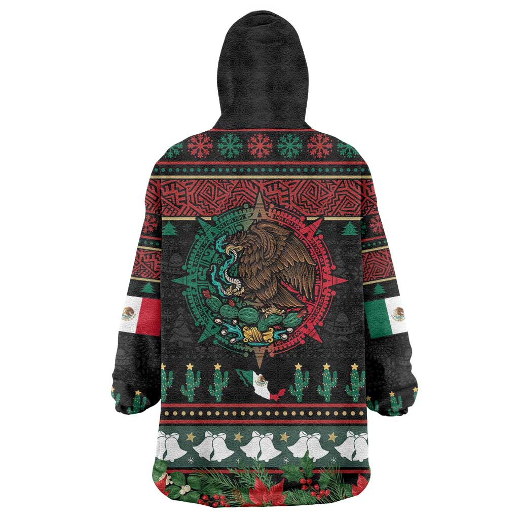 Mexican Christmas Wearable Blanket Hoodie Feliz Navidad Aztec Eagle Emblem and Poinsettia - Wonder Print Shop
