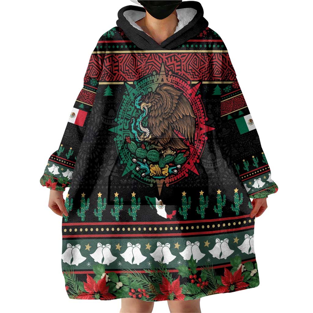 Mexican Christmas Wearable Blanket Hoodie Feliz Navidad Aztec Eagle Emblem and Poinsettia - Wonder Print Shop