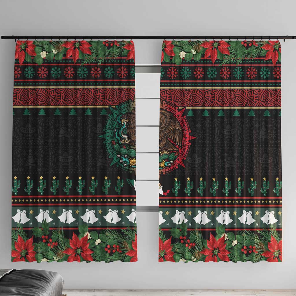 Mexican Christmas Window Curtain Feliz Navidad Aztec Eagle Emblem and Poinsettia - Wonder Print Shop