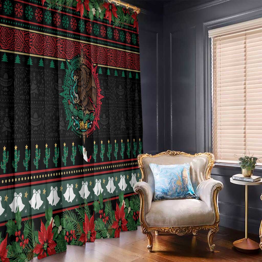 Mexican Christmas Window Curtain Feliz Navidad Aztec Eagle Emblem and Poinsettia - Wonder Print Shop