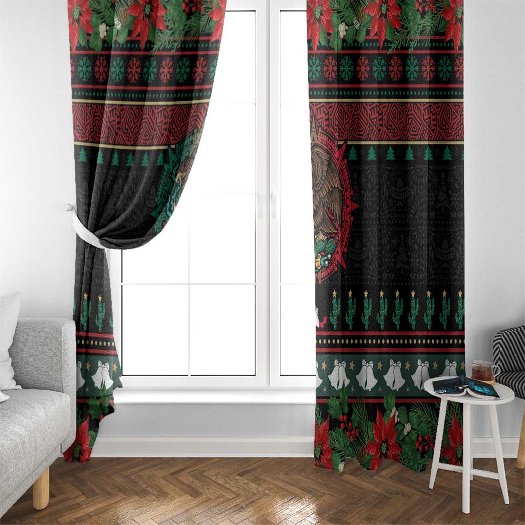 Mexican Christmas Window Curtain Feliz Navidad Aztec Eagle Emblem and Poinsettia - Wonder Print Shop
