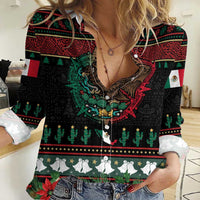 Mexican Christmas Women Casual Shirt Feliz Navidad Aztec Eagle Emblem and Poinsettia - Wonder Print Shop