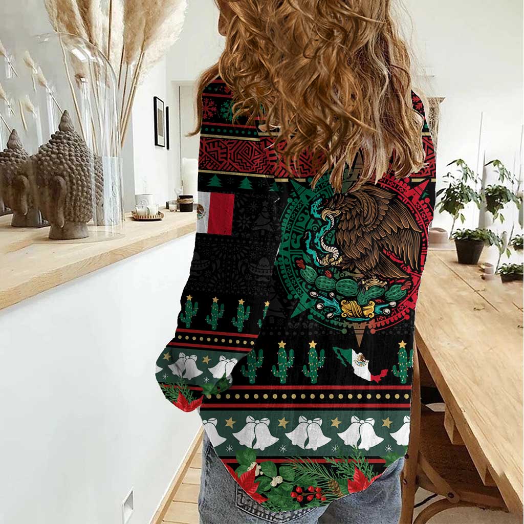 Mexican Christmas Women Casual Shirt Feliz Navidad Aztec Eagle Emblem and Poinsettia - Wonder Print Shop