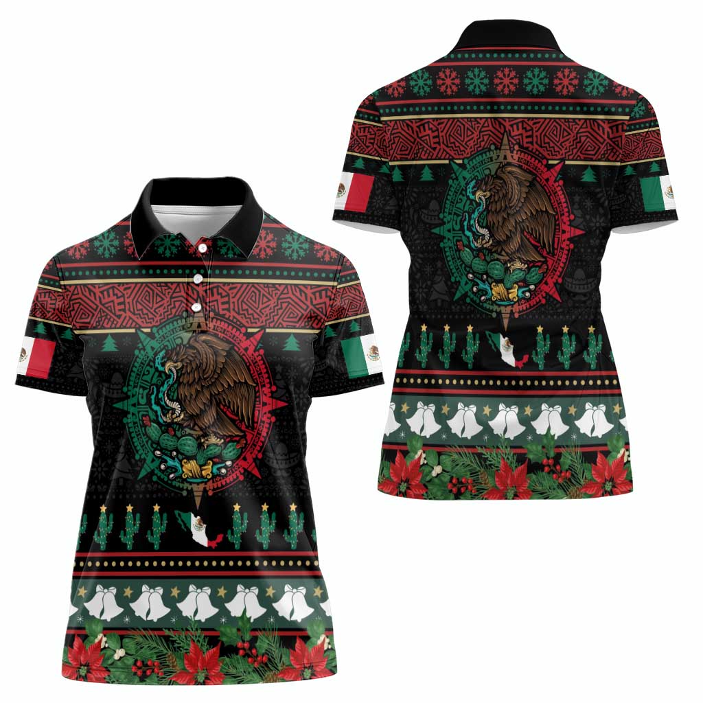 Mexican Christmas Women Polo Shirt Feliz Navidad Aztec Eagle Emblem and Poinsettia - Wonder Print Shop
