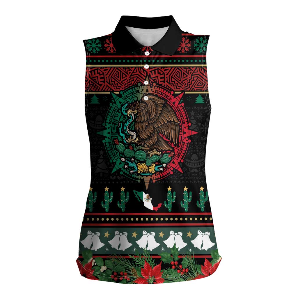 Mexican Christmas Women Sleeveless Polo Shirt Feliz Navidad Aztec Eagle Emblem and Poinsettia - Wonder Print Shop