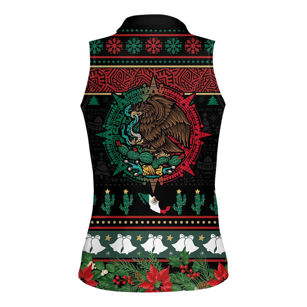Mexican Christmas Women Sleeveless Polo Shirt Feliz Navidad Aztec Eagle Emblem and Poinsettia - Wonder Print Shop