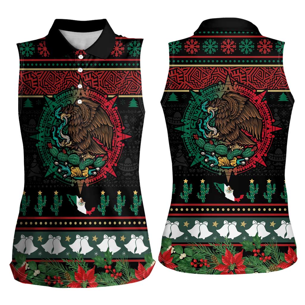 Mexican Christmas Women Sleeveless Polo Shirt Feliz Navidad Aztec Eagle Emblem and Poinsettia - Wonder Print Shop