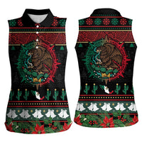 Mexican Christmas Women Sleeveless Polo Shirt Feliz Navidad Aztec Eagle Emblem and Poinsettia - Wonder Print Shop