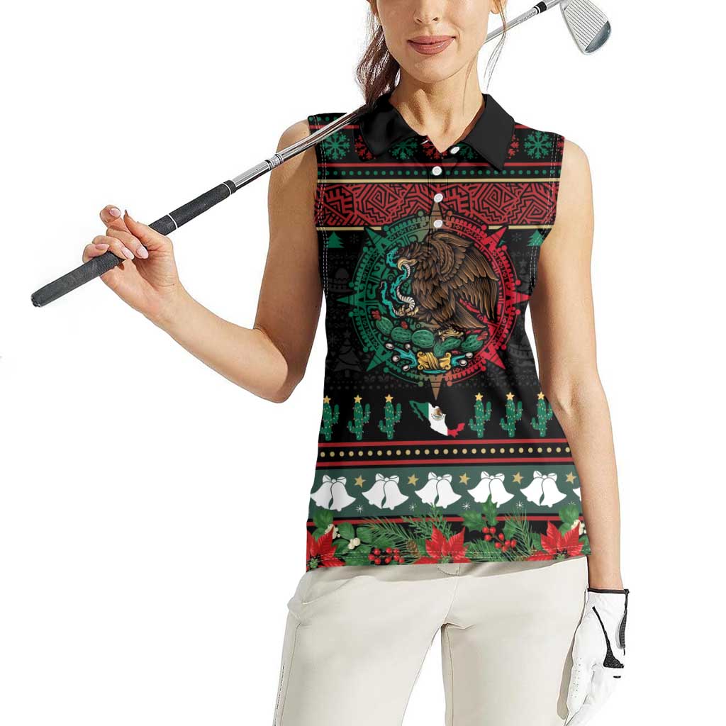 Mexican Christmas Women Sleeveless Polo Shirt Feliz Navidad Aztec Eagle Emblem and Poinsettia - Wonder Print Shop