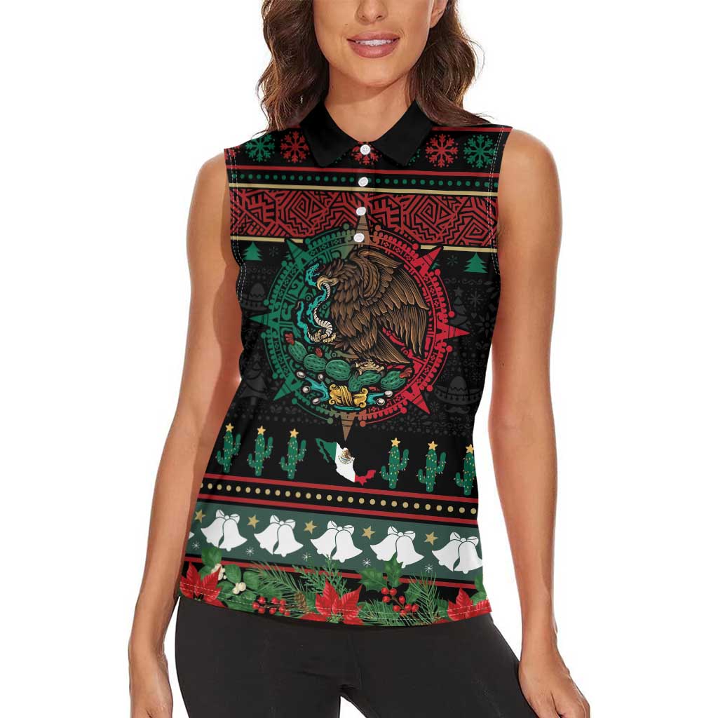 Mexican Christmas Women Sleeveless Polo Shirt Feliz Navidad Aztec Eagle Emblem and Poinsettia - Wonder Print Shop