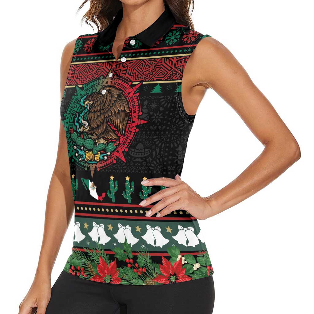 Mexican Christmas Women Sleeveless Polo Shirt Feliz Navidad Aztec Eagle Emblem and Poinsettia - Wonder Print Shop