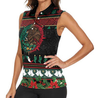 Mexican Christmas Women Sleeveless Polo Shirt Feliz Navidad Aztec Eagle Emblem and Poinsettia - Wonder Print Shop