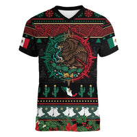 Mexican Christmas Women V-Neck T-Shirt Feliz Navidad Aztec Eagle Emblem and Poinsettia - Wonder Print Shop