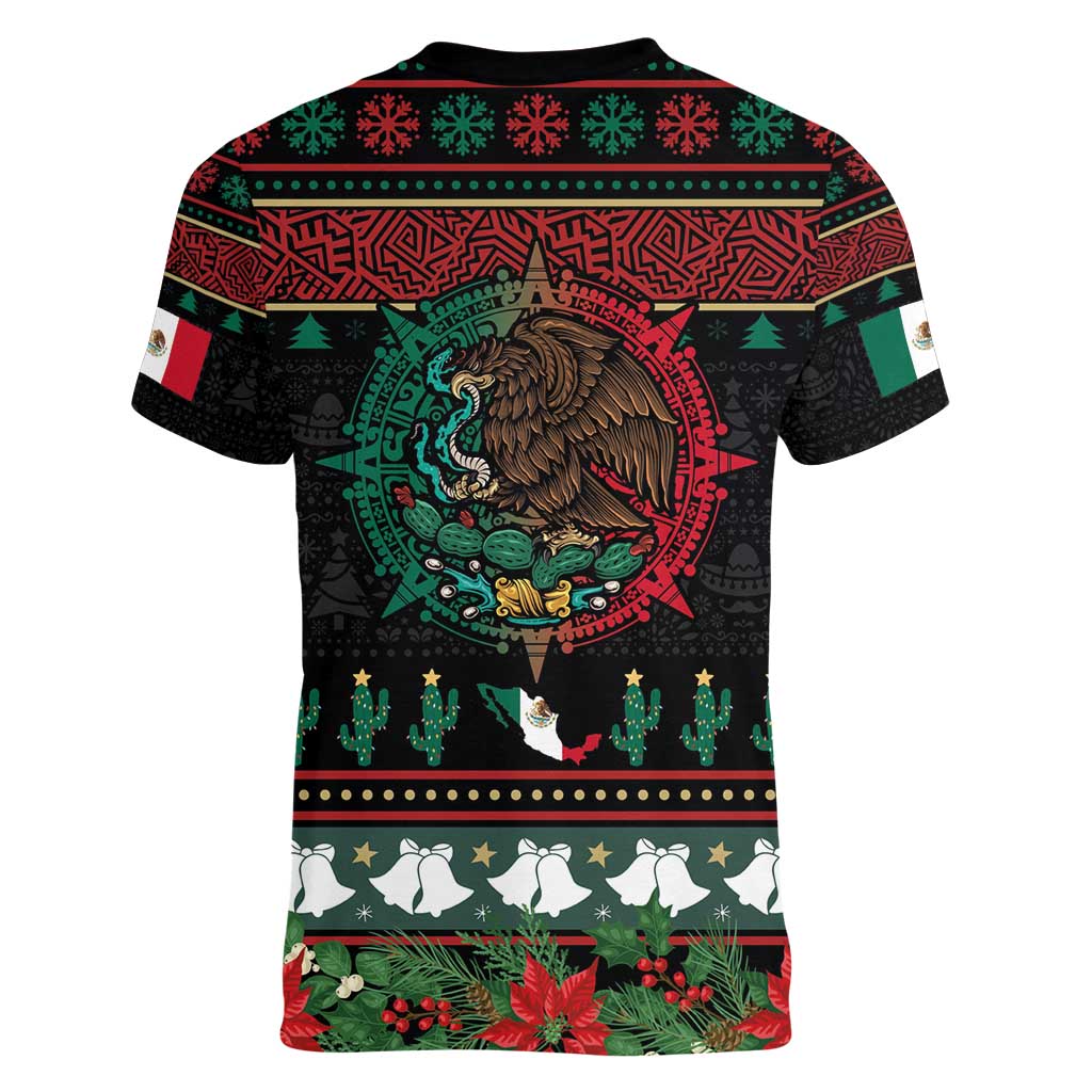 Mexican Christmas Women V-Neck T-Shirt Feliz Navidad Aztec Eagle Emblem and Poinsettia - Wonder Print Shop