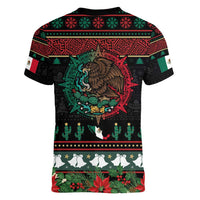 Mexican Christmas Women V-Neck T-Shirt Feliz Navidad Aztec Eagle Emblem and Poinsettia - Wonder Print Shop