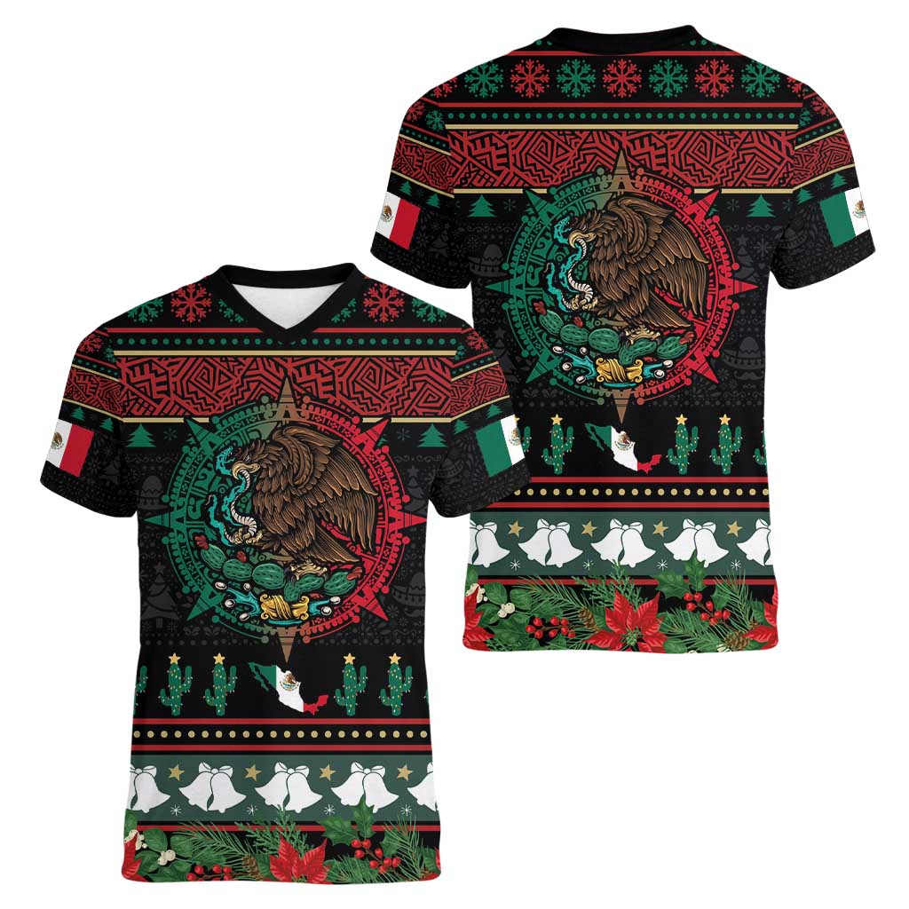 Mexican Christmas Women V-Neck T-Shirt Feliz Navidad Aztec Eagle Emblem and Poinsettia - Wonder Print Shop