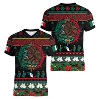 Mexican Christmas Women V-Neck T-Shirt Feliz Navidad Aztec Eagle Emblem and Poinsettia - Wonder Print Shop