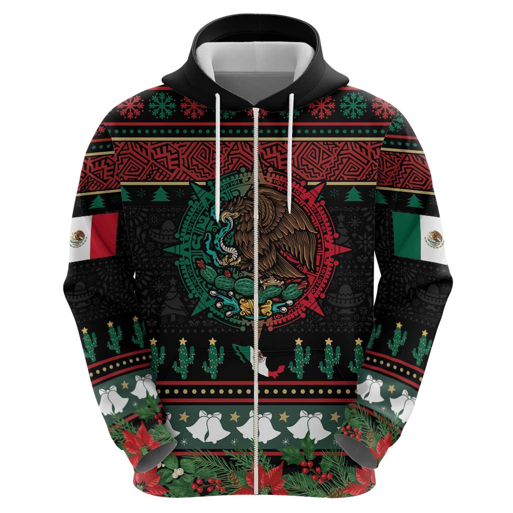 Mexican Christmas Zip Hoodie Feliz Navidad Aztec Eagle Emblem and Poinsettia - Wonder Print Shop