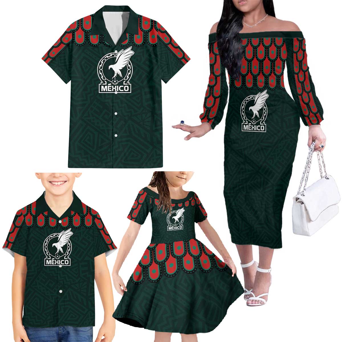 Custom Mexican Football Jersey Special Edition 2024 Family Matching Off The Shoulder Long Sleeve Dress and Hawaiian Shirt - Wonder Print Shop