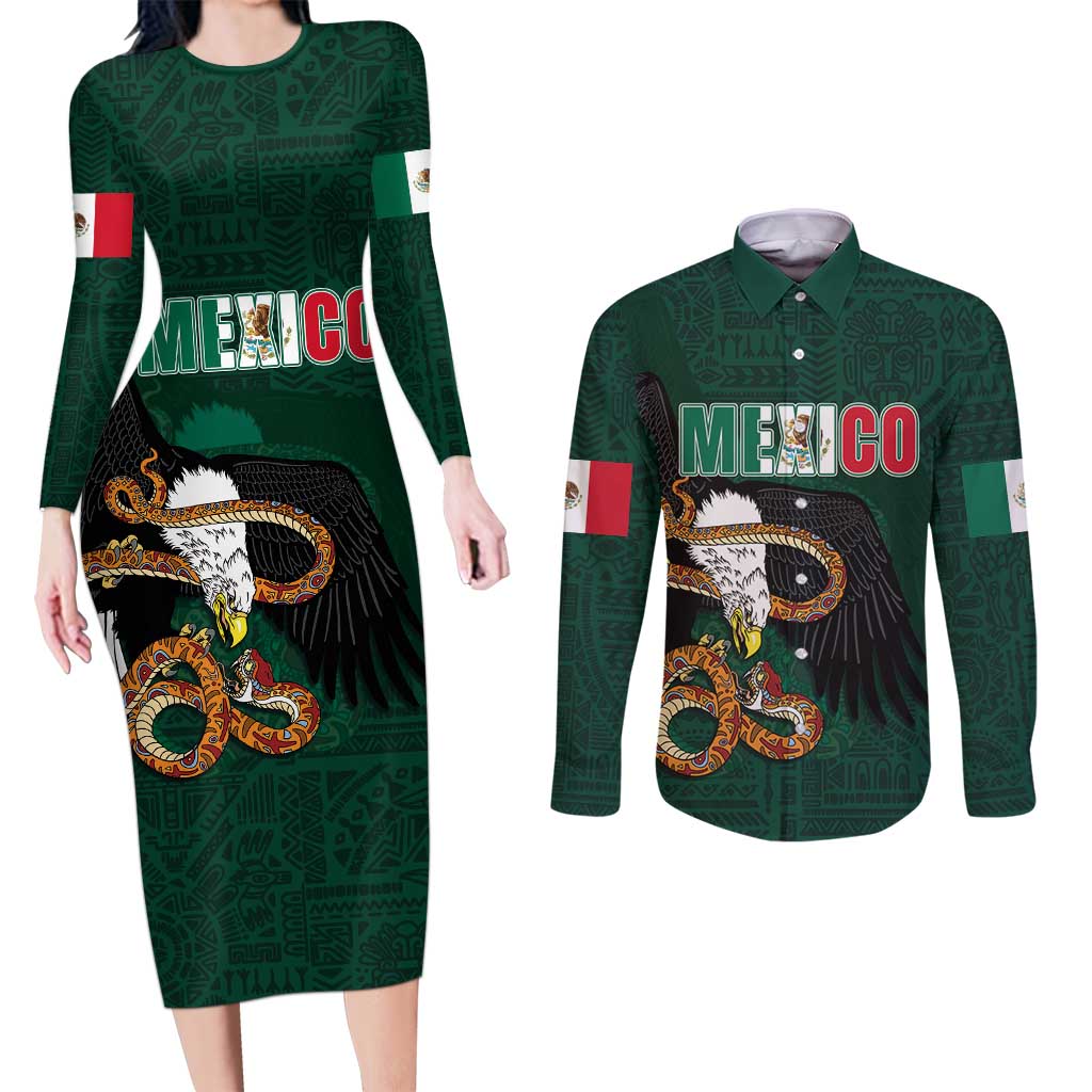 Personalized Mexican Culture Couples Matching Long Sleeve Bodycon Dress and Long Sleeve Button Shirt Aztec Spirit Mexico with Eagle Emblem and Maya Ancient - Wonder Print Shop