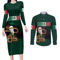 Personalized Mexican Culture Couples Matching Long Sleeve Bodycon Dress and Long Sleeve Button Shirt Aztec Spirit Mexico with Eagle Emblem and Maya Ancient - Wonder Print Shop
