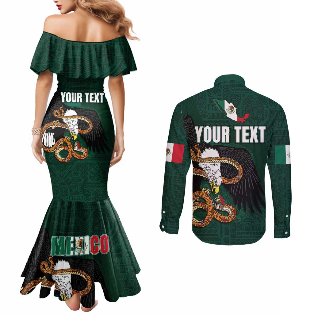Personalized Mexican Culture Couples Matching Mermaid Dress and Long Sleeve Button Shirt Aztec Spirit Mexico with Eagle Emblem and Maya Ancient