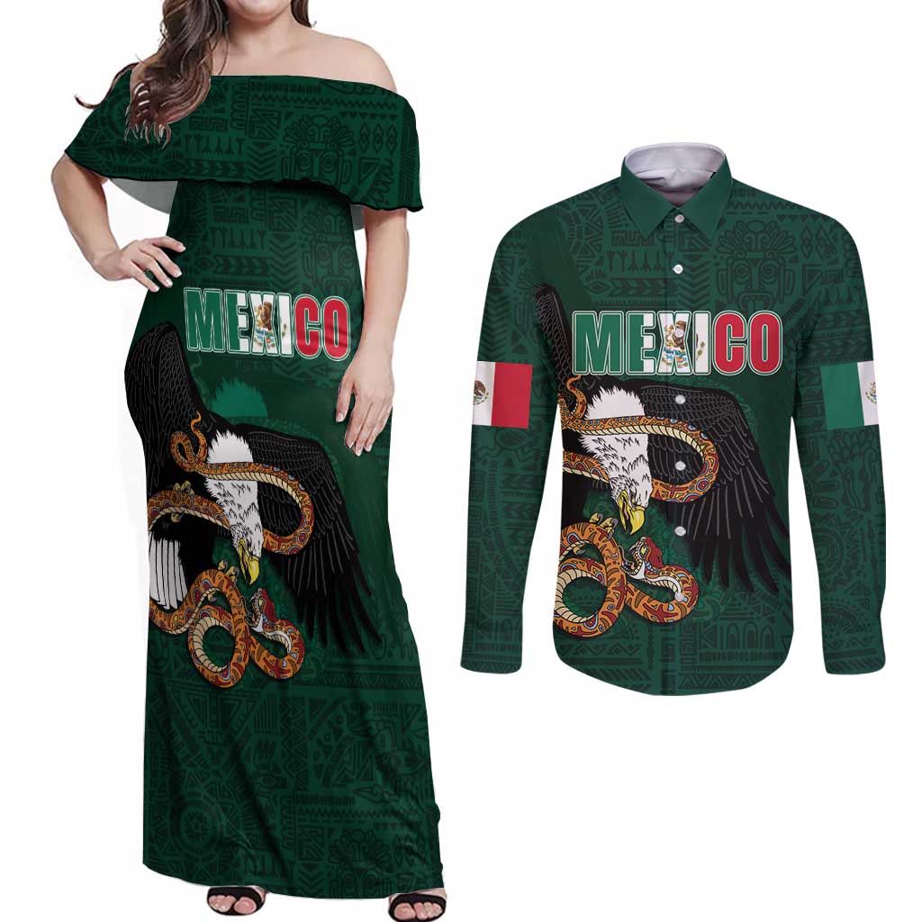 Personalized Mexican Culture Couples Matching Off Shoulder Maxi Dress and Long Sleeve Button Shirt Aztec Spirit Mexico with Eagle Emblem and Maya Ancient - Wonder Print Shop