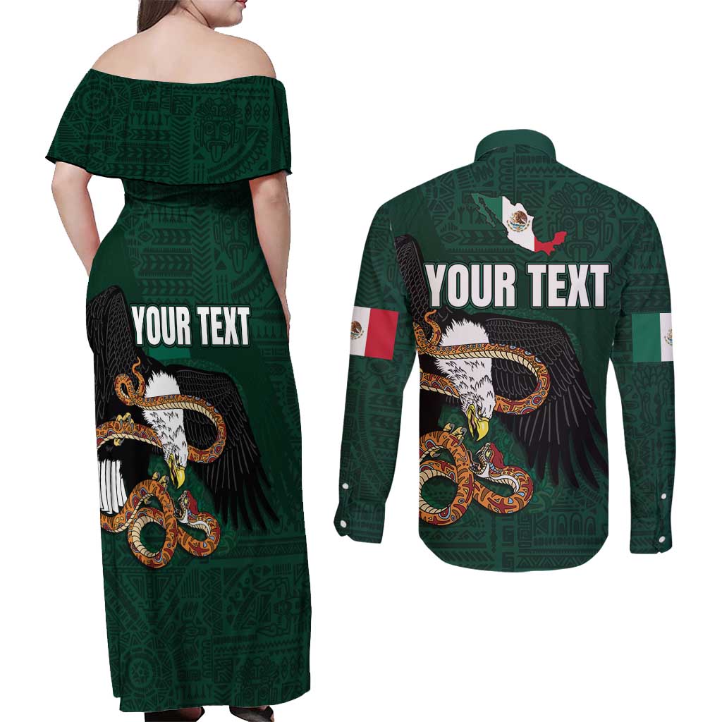 Personalized Mexican Culture Couples Matching Off Shoulder Maxi Dress and Long Sleeve Button Shirt Aztec Spirit Mexico with Eagle Emblem and Maya Ancient - Wonder Print Shop