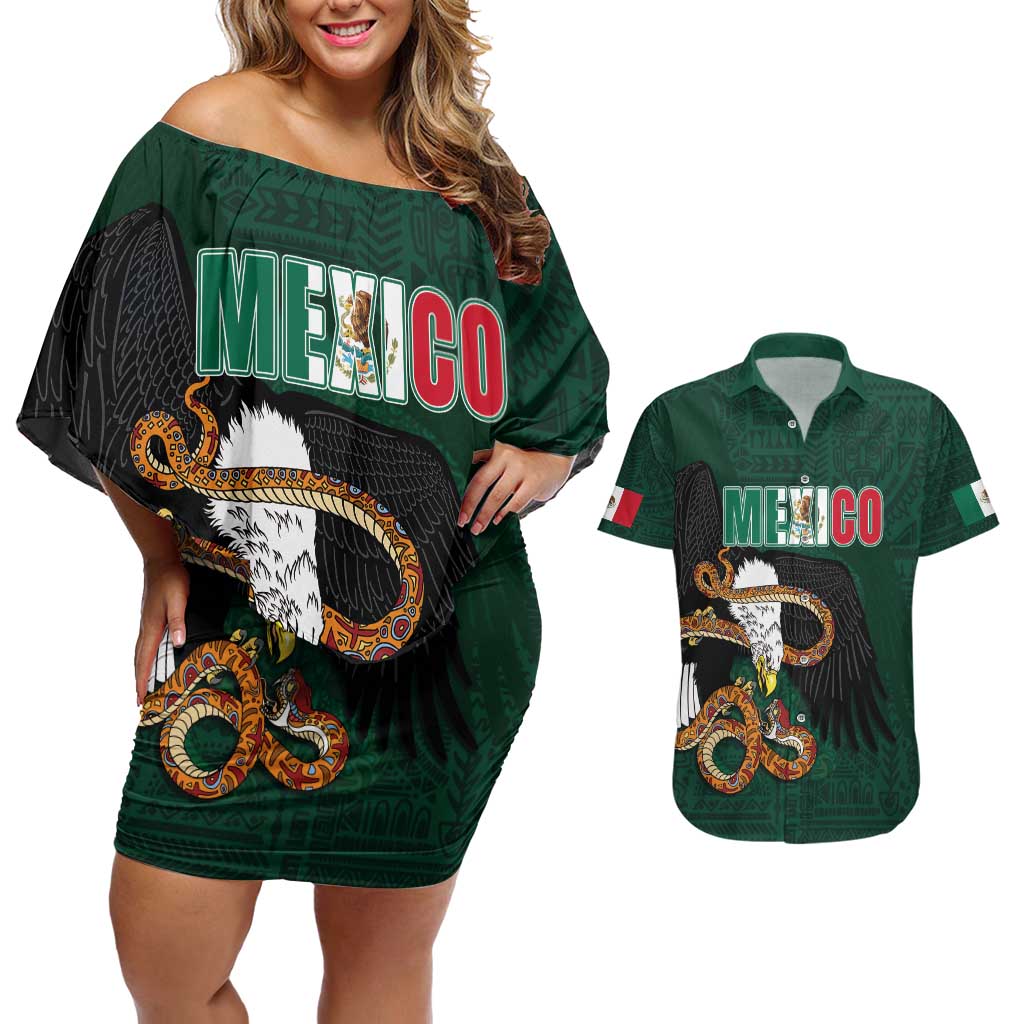 Personalized Mexican Culture Couples Matching Off Shoulder Short Dress and Hawaiian Shirt Aztec Spirit Mexico with Eagle Emblem and Maya Ancient - Wonder Print Shop
