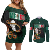 Personalized Mexican Culture Couples Matching Off Shoulder Short Dress and Long Sleeve Button Shirt Aztec Spirit Mexico with Eagle Emblem and Maya Ancient - Wonder Print Shop